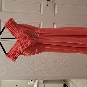 Coral V-Neck High-Low Evening Dress with Beaded Waist